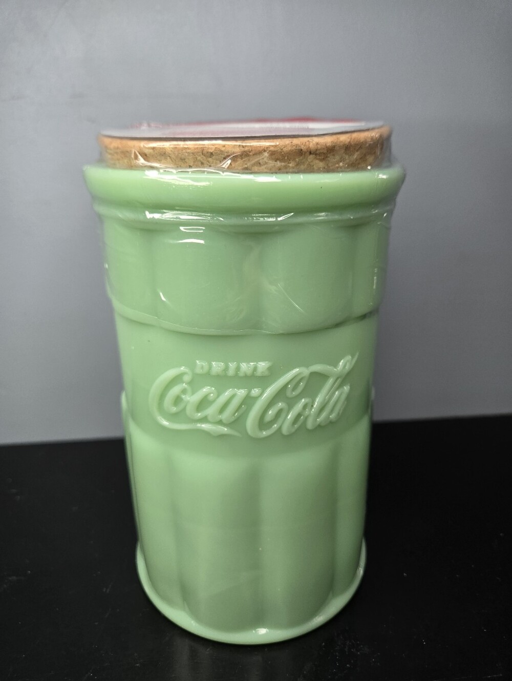 Green Jadeite Coca-Cola Glass Kitchen Canister New/Sealed 38ozw Cork Lid R.E.A.D